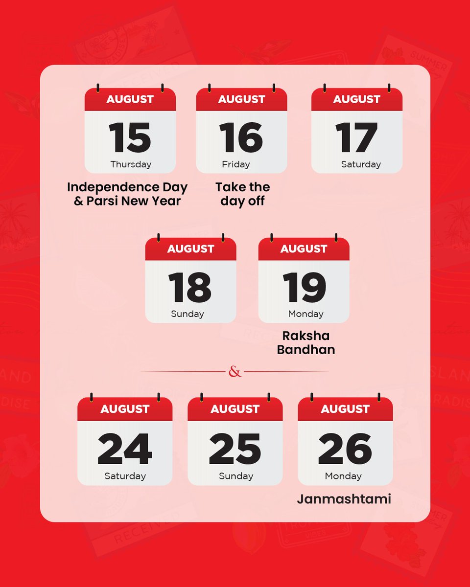 flyspicejet's tweet photo. Two long weekends in August. Your calendar is ready. Are you? Start planning now!
#flyspicejet #spicejet #LongWeekend #Augustweekend #flights #aviation #flyhigh #travelwithus #travel #addspicetoyourtravel https://t.co/ppgvGqpGVp
