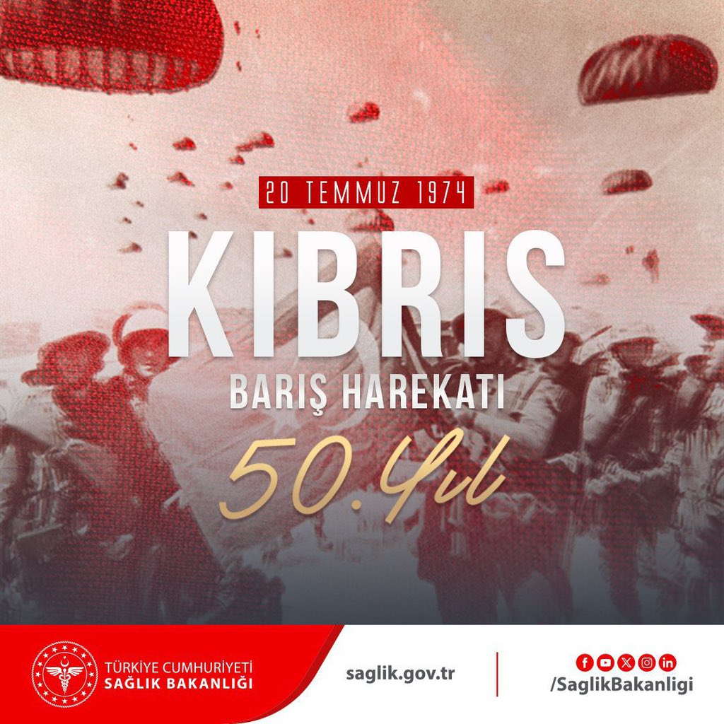 saglikbakanligi's tweet photo. Kıbrıs Barış Harekâtı'nın 50. yıl dönümü kutlu olsun! 
Aziz şehitlerimizi rahmet ve minnetle, kahraman gazilerimizi şükranla anıyoruz.🇹🇷 https://t.co/Oa95Kjcf8g
