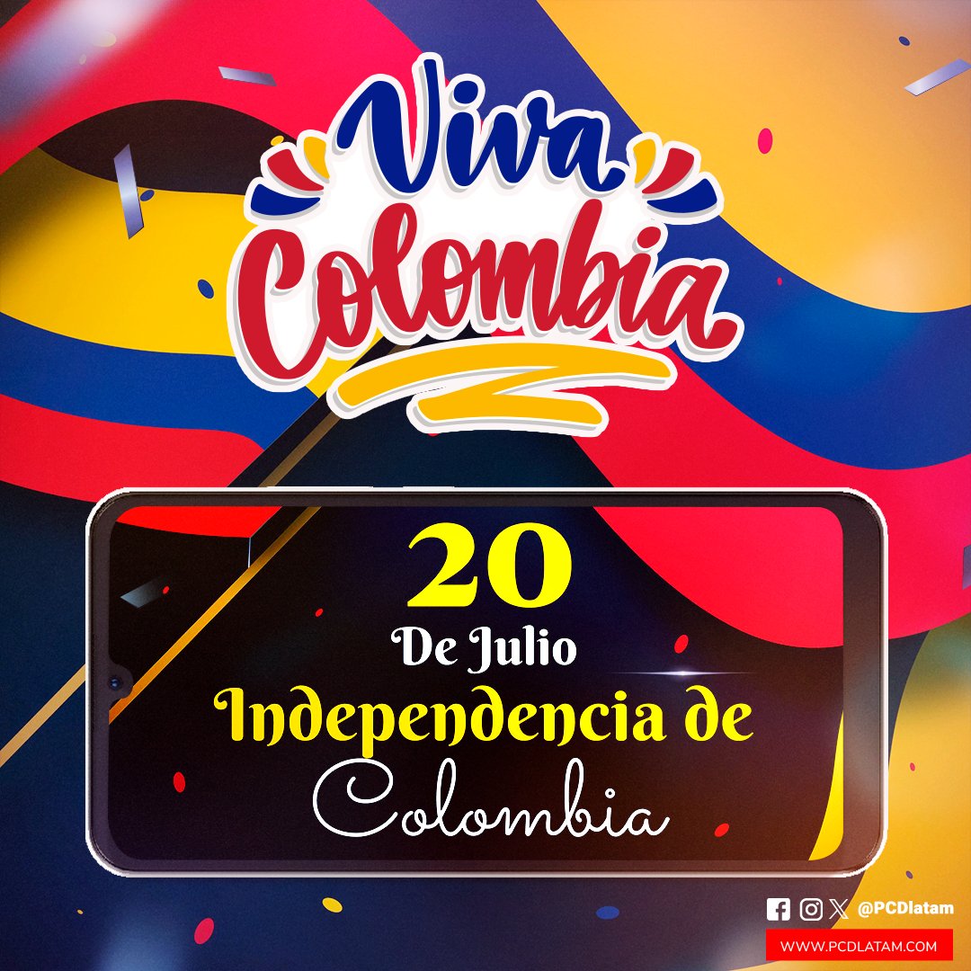 PCDlatam's tweet photo. 🇨🇴🎉 ¡Hoy celebramos con orgullo el Día de la Independencia de Colombia! 🎉🇨🇴 

¡Celebremos juntos nuestra historia, nuestras raíces y nuestra cultura! 🎶🎊 #IndependenciaDeColombia #VivaColombia #PCDLATAM https://t.co/g4q3yYYuDt