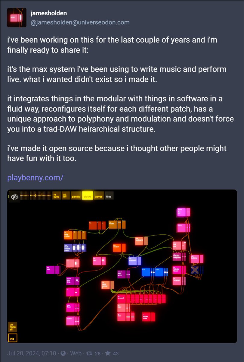 Heads up! <a href="/mrjamesholden/">James Holden</a> has shared his Max-based music system with the world. Free and open source. It looks amazing. An incredible technical achievement. playbenny.com