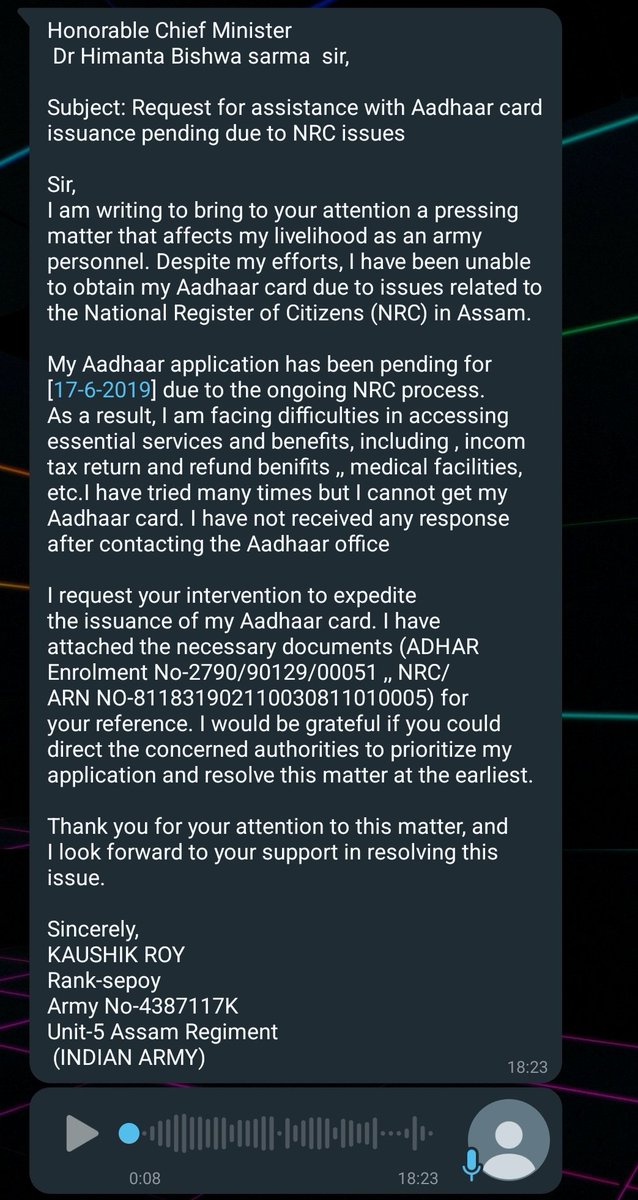 debo_raj's tweet photo. @himantabiswa 
Respected Sir this is a humble request from my friend, Kaushik Ray who is an Army Personal and facing Adhar card issues related to NRC. 
   PLEASE DO THE NEEDFUL SIR, WE WILL BE GRATEFUL TO YOU 
@CMOfficeAssam @himantabiswa
#NRC https://t.co/mK5QN5KkqL