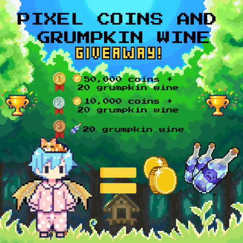 TonyoooMON's tweet photo. ✨ GIVE AWAY ALERT ✨ 

📷 3 WINNERS OF: 
🥇 50,000 coins + 20 grumpkin wine
🥈 10,000 coins + 20 grumpkin wine
🥉 20 grumpkin wine

How to join?  
1.Follow me @TonyoooMON 
2.Follow @pixels_online 
3.Tag 3 friends https://t.co/vDERZ4GIG8