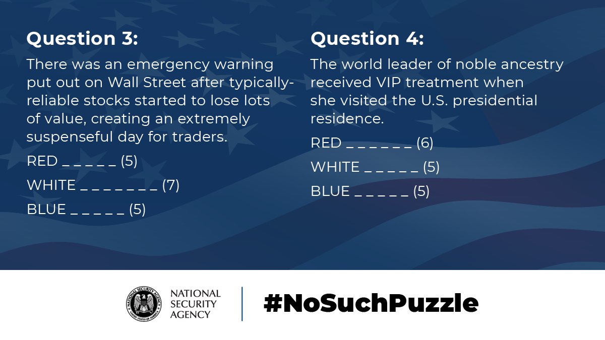 NSAGov's tweet image. In honor of Independence Day, this #NoSuchPuzzle contains parts which hint at three two-word phrases starting with red, white, and blue, respectively. We provide the number of letters of each second word. Find the three two-word phrases.