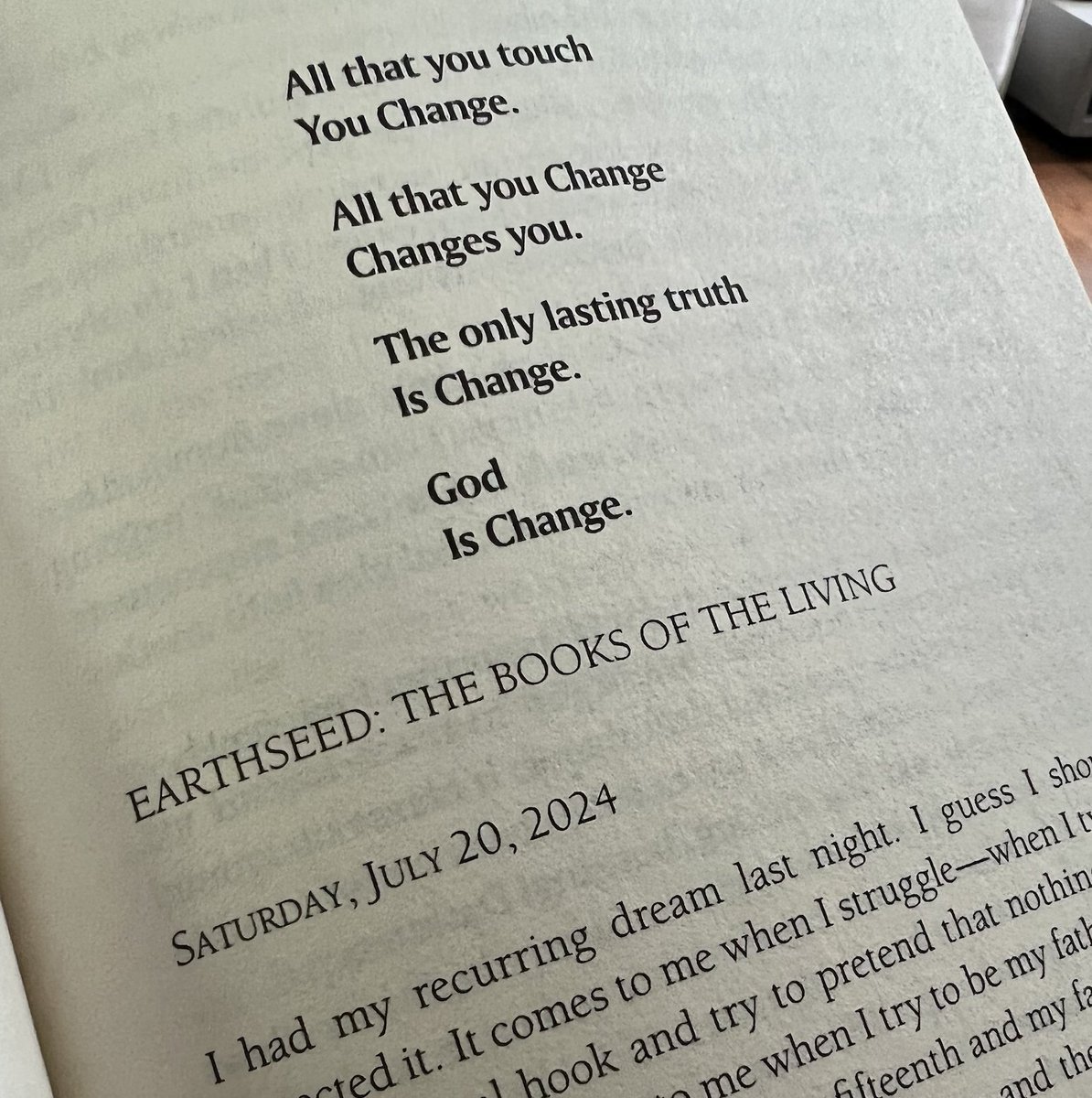 sashastiles's tweet image. Happy #OctaviaButlerDay. Highly recommend reading Parable of the Sower if you haven't yet....

From left to right: 
Cursive Binary: The only lasting truth is change.
Analog Binary Code: Earthseed
The Seed, from #Technelegy
The first page of Parable of the Sower...