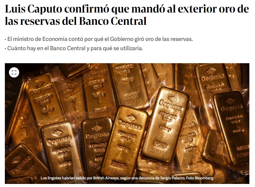 CarlosMaslaton's tweet photo. El oro de las reservas del BCRA, no den más vueltas, fue enviado al exterior para ser vendido contra dólares que se utilizarán para pagar deuda. Te la dibujan Caputo y Milei que se venderán con pacto de retroventa, como un Repo financiero donde vendés y en el acto recomprás a plazo con pérdida patrimonial, pero como viene el gobierno lo vendido será ejecutado y perdido para siempre. El gobierno es especialista en perder reservas por no permitir el mercado libre de cambios, por mantener cepo, por pretender fijar precio al dólar-peso artificialmente, por no comprender la limitación lógica universal de que no se puede dirigir cantidad y precio al mismo tiempo.