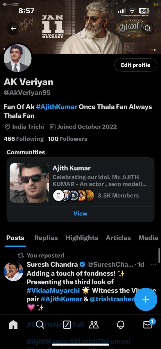 AkVeriyan95's tweet photo. Reached 100 Followers 

Nandri #Ak Sir Fans

#AjithKumar 
#vidamuyarchi 
#AjithKumar 
#ThalaAjith 
#Ajithkumar𓃵 
#GoodBadUgly 
#VidaaMuyarchiFirstLook 
#VidaaMuyarchiSecondLook 
#VidaaMuyarachiThirdLook
#Ajithkumar𓃵 https://t.co/hwsoKyN9br