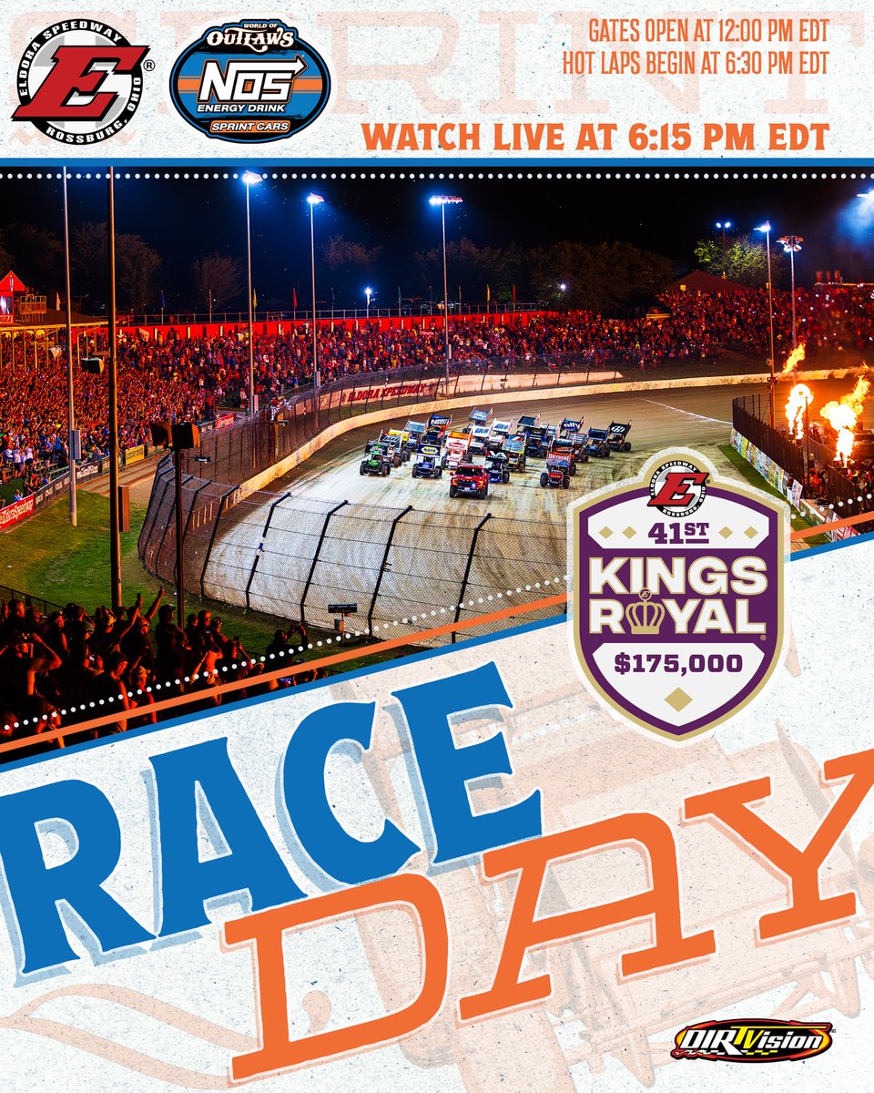 It’s a royal 𝗥𝗮𝗰𝗲 𝗗𝗮𝘆 👑

The World of Outlaws <a href="/NosEnergyDrink/">NOS Energy Drink</a> Sprint Cars close out <a href="/EldoraSpeedway/">ELDORA SPEEDWAY</a>’s 41st #KingsRoyal tonight with a place in history and $175,000 on the line!

📺 Watch: <a href="/DIRTVision/">DIRTVision</a>
⏱️ Timing &amp; Results: <a href="/MyRacePass/">MyRacePass</a>
