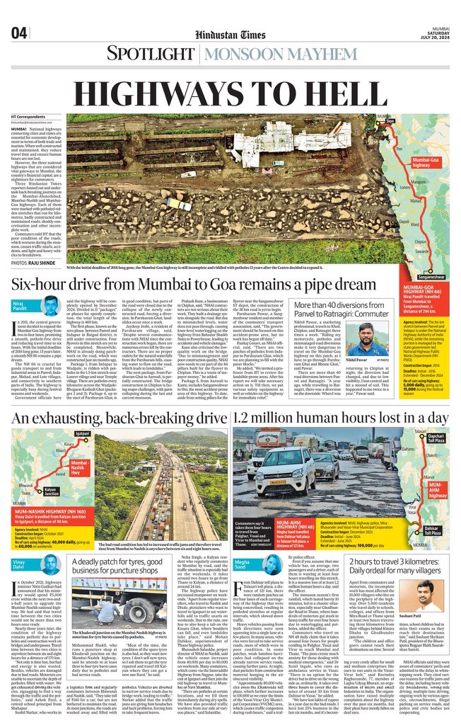 AUThackeray's tweet photo. It’s about time that we burst the fake PR bubble of the Union Road Transport Ministry and National Highway Authority of India.

Mumbai- Nashik
Mumbai- Goa
Mumbai- Ahmedabad 

All 3 roads are made and maintained by the NHAI. National Highways! 

For all the bogus lofty talks of the “push on infrastructure” and “infrastructure spend” and “kilometres made per day”, this is the real state of the 3 major highways given to contractor friends of those in the ministry.

Thank you @htTweets for highlighting the plight of our National Highways and the bogus talk we hear on “infrastructure”.

We as Maharashtra pay the highest taxes and get this in return, along with the toll.

Same is the case with MSRDC and the roads it has made in the recent past.