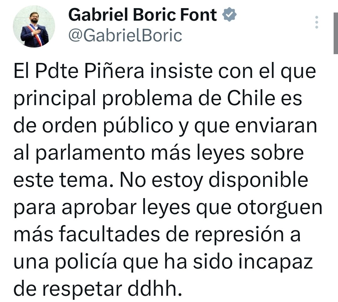 <a href="/jorgeerrazuriz/">Jorge Errázuriz 🇨🇱</a> La izq. usa a los delincuentes para hacerse el poder, los protegen los premian y los tratan efectivamente de guante blanco. Ni hablar de la facilidad para entrar delincuentes cometen sus crímenes y vuelven al paraíso socialista veneco.
Y culpan a Piñera!!  este twits es del 2020!