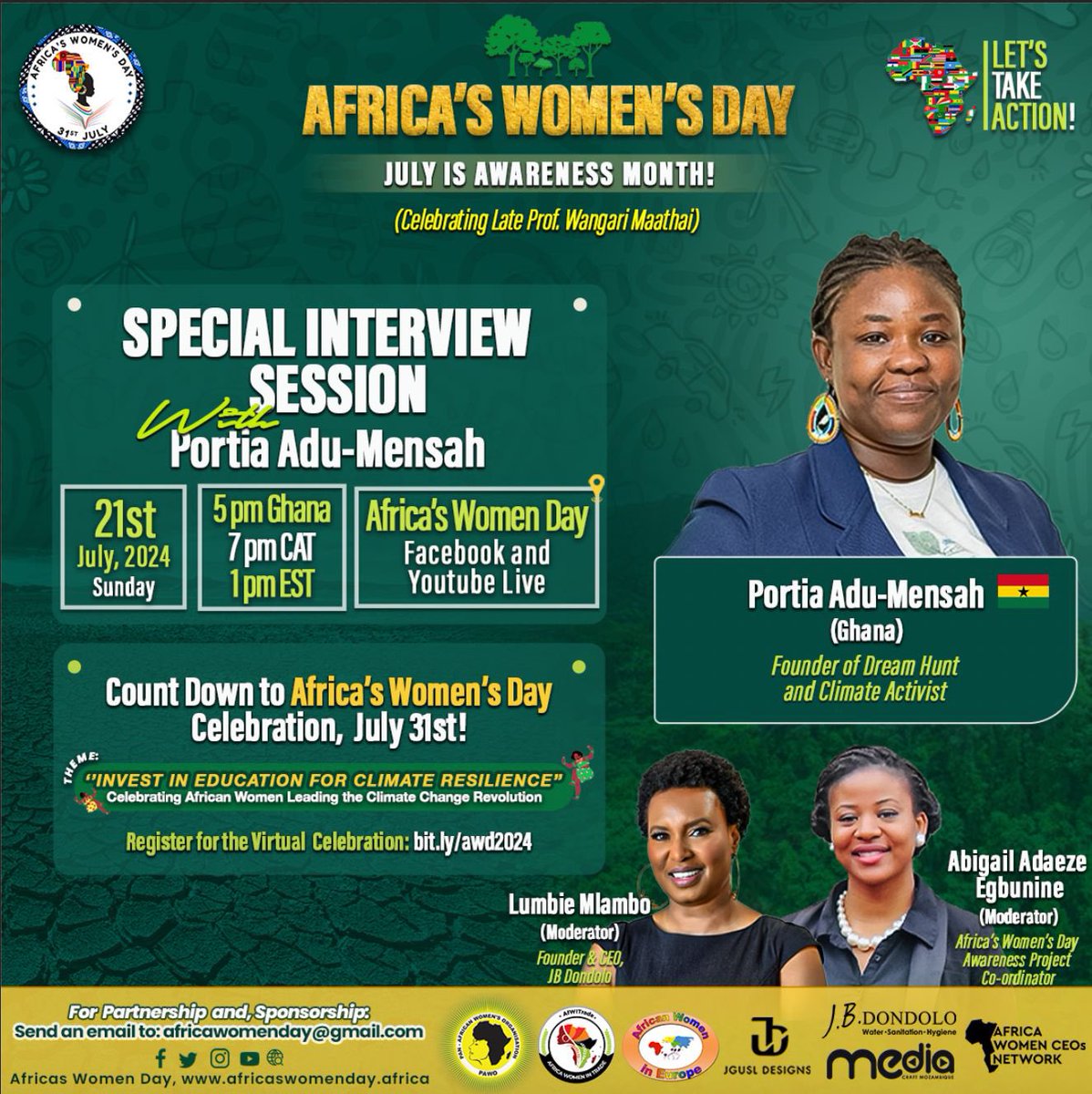 🌱 Celebrate the Triumph of African Female Youths! 🌍

Passionate about #Climate and Environmental issues? Join us on Sunday, July 21st, 2024, for a Special Chit Chat with the amazing Portia Adu-Mensah <a href="/poshbar2/">Portia Adu-Mensah</a> from Ghana, moderated by Lumbie Mlambo &amp; Abigail Adaeze Egbunine