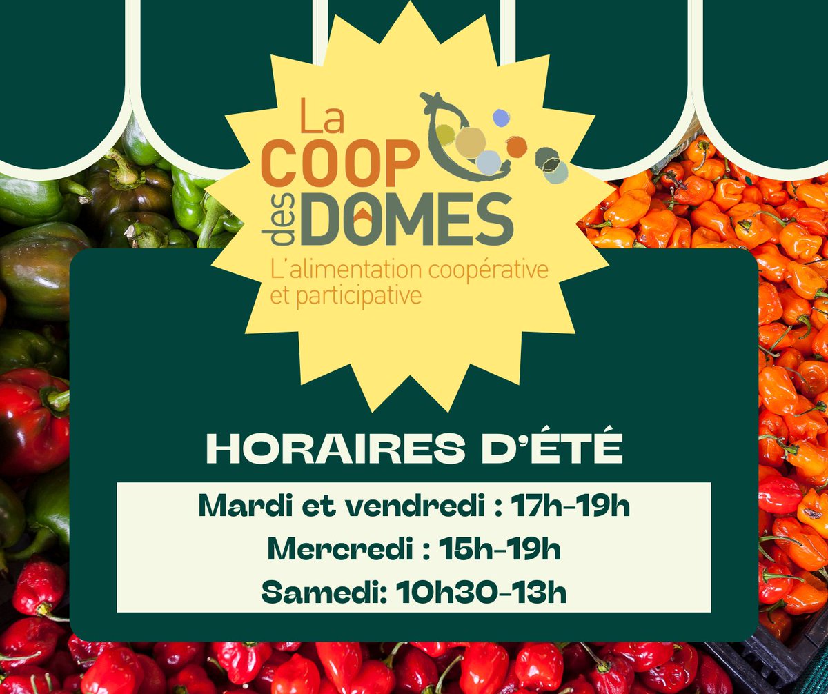 C'est les vacances !  🤩🍹🌴🌊🌺

Les horaires d'ouverture de la Coop des Dômes changent jusqu'au 31 août:
