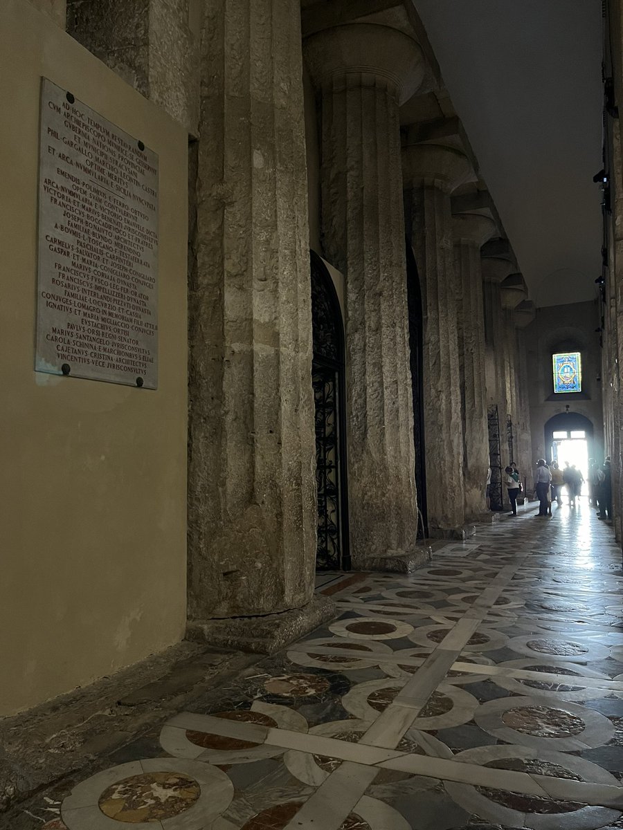 mfielding_'s tweet photo. Visited the Cathedral of Syracuse in Sicily, built in the 7c on the site of the Greek Temple of Athena, its Doric columns incorporated into the church’s structure. The building was converted to a mosque in the 9c, and back again to a church with the arrival of the Normans. https://t.co/0my13GgXXq