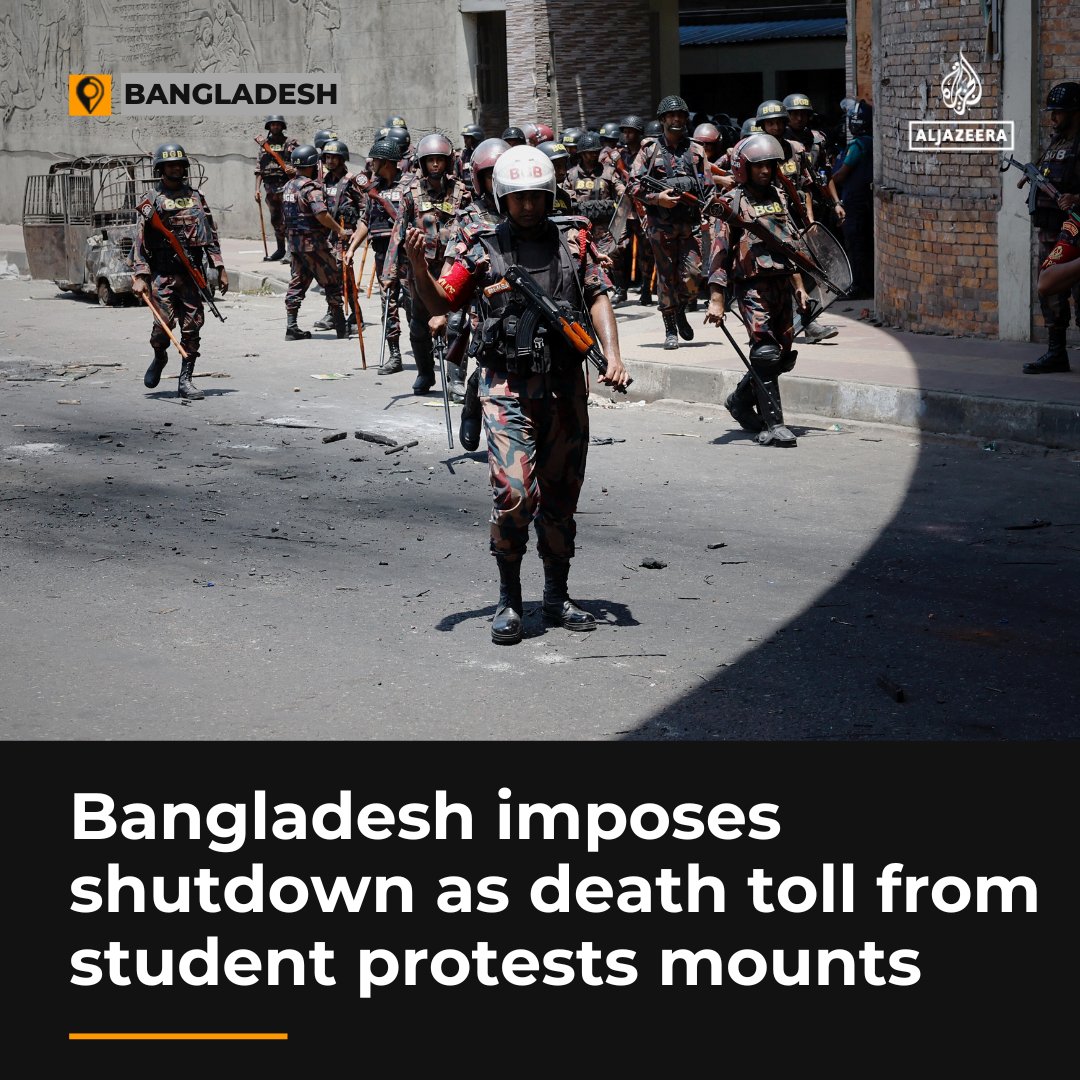 Bangladesh has enforced a nationwide curfew to quash student-led protests against government job quotas, with the military and police patrolling the streets of the capital, Dhaka aje.io/libh1p