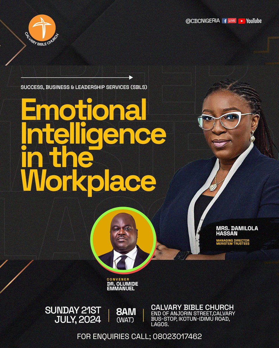 CBCNigeria's tweet photo. Emotional intelligence, a vital skill for interpersonal communication has become an area of interest across multiple disciplines.
Join us this Sunday at 8 am as our very own Damilola Hassan leads the discussion.
Streaming on Facebook and YouTube
#SBLS
#GrowthDisciples
#CBCGlobal https://t.co/oLZBq8qIpZ