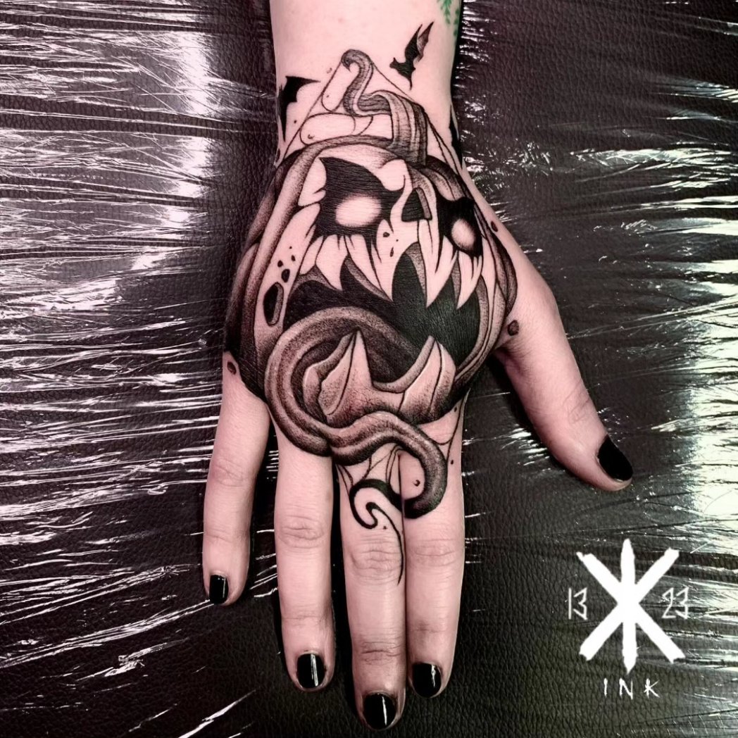1323ink's tweet photo. We're already booked because of Summerween code orange. 
First halloween pumpkin free hand fck stencils tattoo session 🎃✨ was so much fun, I'd love to do more like this!!! 
done by @asaxcash free hand no tattoo stencils.

#1323ink #asacash 
#summerween #codeorange https://t.co/VZmyviOdWL