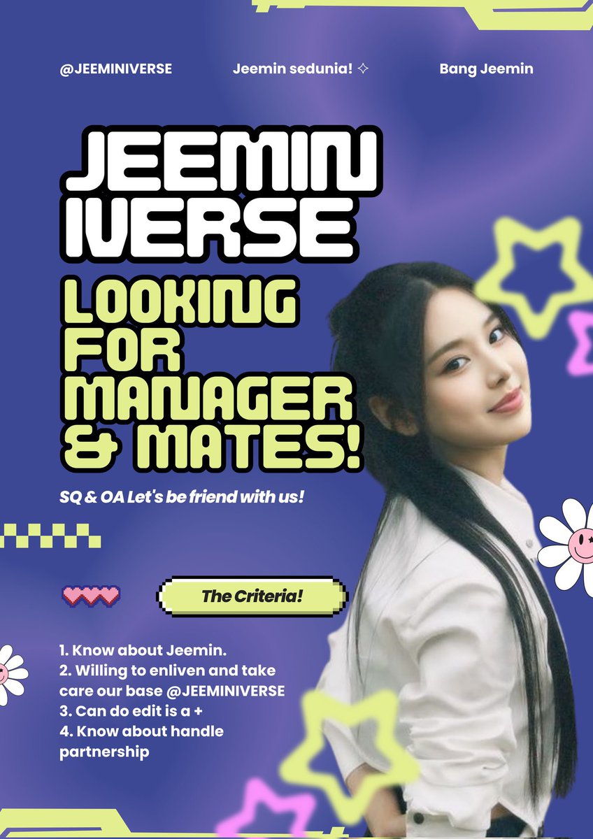 #📣 “JEEMINIVERSE is looking for manager and friends!”

A repost will go! We are on the hunt for manager and OA/SQ to help keep things fun on our timeline. For manager role, we've got all the details laid out in poster below and form in the next tweet (scroll down, scroll down!).