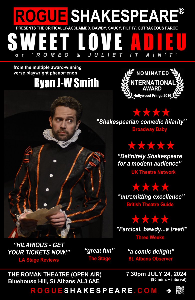 RealRogueShakes's tweet photo. Come and see our outrageous ★★★★★ rated award-nominated verse farce SWEET LOVE ADIEU this Wednesday July 24th 7.30pm @OVOtheatre open-air Roman Theatre in St. Albans! 🙏RT🙏🎭🥰 https://t.co/2b0rGNdOlC