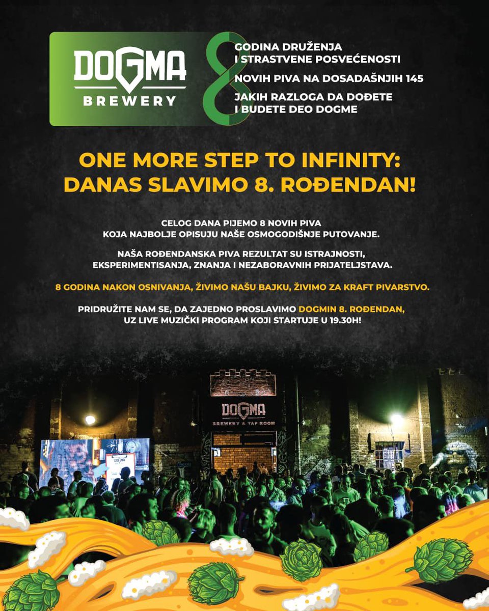 One more step to infinity: danas slavimo 8. rođendan!♾️8️⃣

Celog dana pijemo 8 novih piva!🤘

Hajde da nazdravimo za bajke koje postaju realne priče, za lokalne priče koje putuju svetom i za svaki korak bliže večnosti.

Jer šta je večnost nego niz uspomena?♥️

Vidimo se u Tapu!