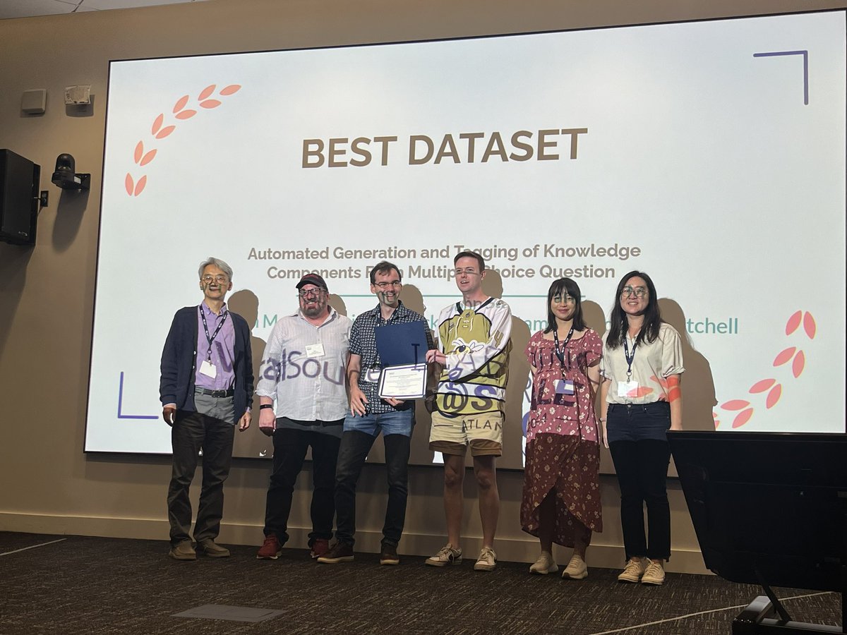 ACM Learning@Scale 2025 (@learningatscale) on Twitter photo The Best Dataset Award, presented by <a href="/vitalsource/">VitalSource®</a>, goes to <a href="/StevenJMoore/">Steven Moore</a>, Robin Schmucker, <a href="/JohnCStamper/">John Stamper</a>, <a href="/tommmitchell/">Tom M Mitchell</a> for “Automated Generation and Tagging of Knowledge Components from Multiple-Choice Questions.”
#las24ed The Best Dataset Award, presented by <a href="/vitalsource/">VitalSource®</a>, goes to <a href="/StevenJMoore/">Steven Moore</a>, Robin Schmucker, <a href="/JohnCStamper/">John Stamper</a>, <a href="/tommmitchell/">Tom M Mitchell</a> for “Automated Generation and Tagging of Knowledge Components from Multiple-Choice Questions.”
#las24ed