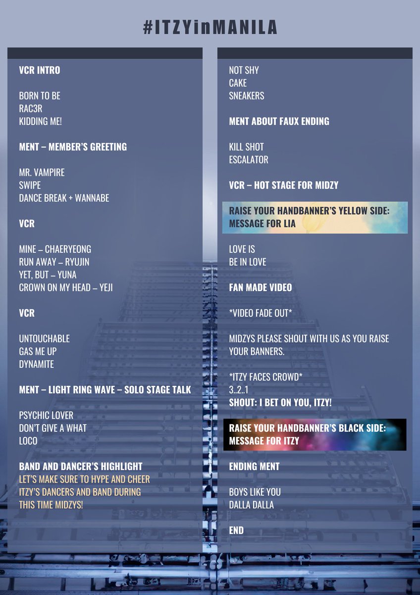 ITZYinMANILA's tweet photo. We apologize for the inaccuracy in the setlist provided as we based it on ITZY Born To Be in Seoul. Rest assured that we already correct the information with this graphics.

Make sure to familiarize to our fanproject's timing para kering keri na natin ang #ITZYinMANILA MIDZY! 💗 https://t.co/UQQCWDV2o4