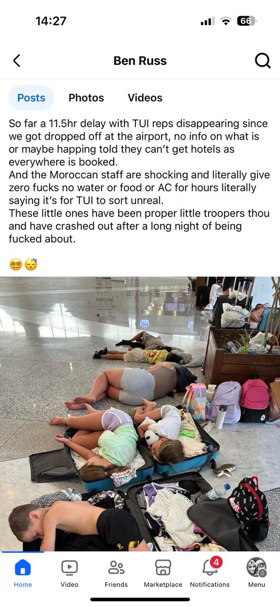 domlucy's tweet photo. My poor neighbours .. their kids having to sleep on opened suitcases on the floor in airport in Morocco. @TUIUK not even answering calls or trying to help. Shocking. They’re now 15 hours plus delayed with no sign of any flights. This is not on!! What are you going to do @TUIUK 😡 https://t.co/RnobunESCF