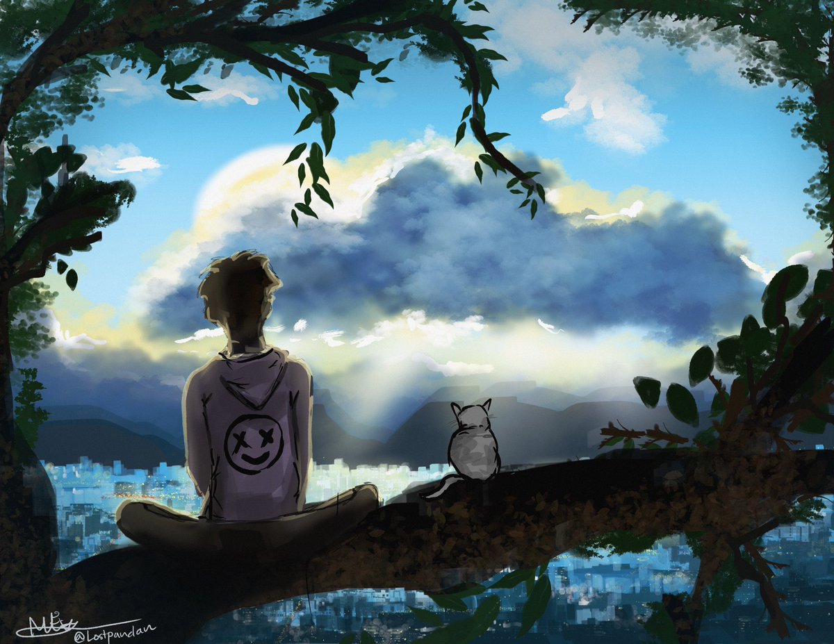 LostPandan's tweet photo. Did this a while back too! Continuation on the lost boy story and his cat. Just chilling in a tree 

#Procreate #art #digitalart #boy #cat #abandonedcity #alone #procreateart https://t.co/hgonuZF347