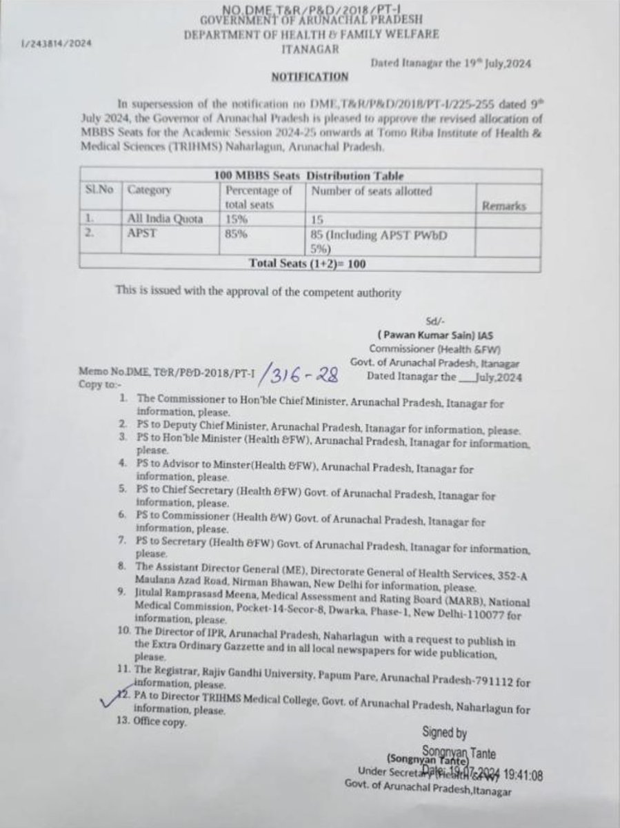 Revised allocation of #MBBS seat at #TRIHMS for the academic session 2024-25