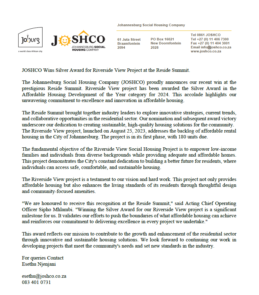 myjoshco's tweet photo. For Immediate Release 

JOSHCO is proud to announce that our Riverside View project has won the Silver Award for Affordable Housing Development of the Year at the Reside Summit 2024.
#JOSHCO_Cares https://t.co/O3mn5Hh4Di