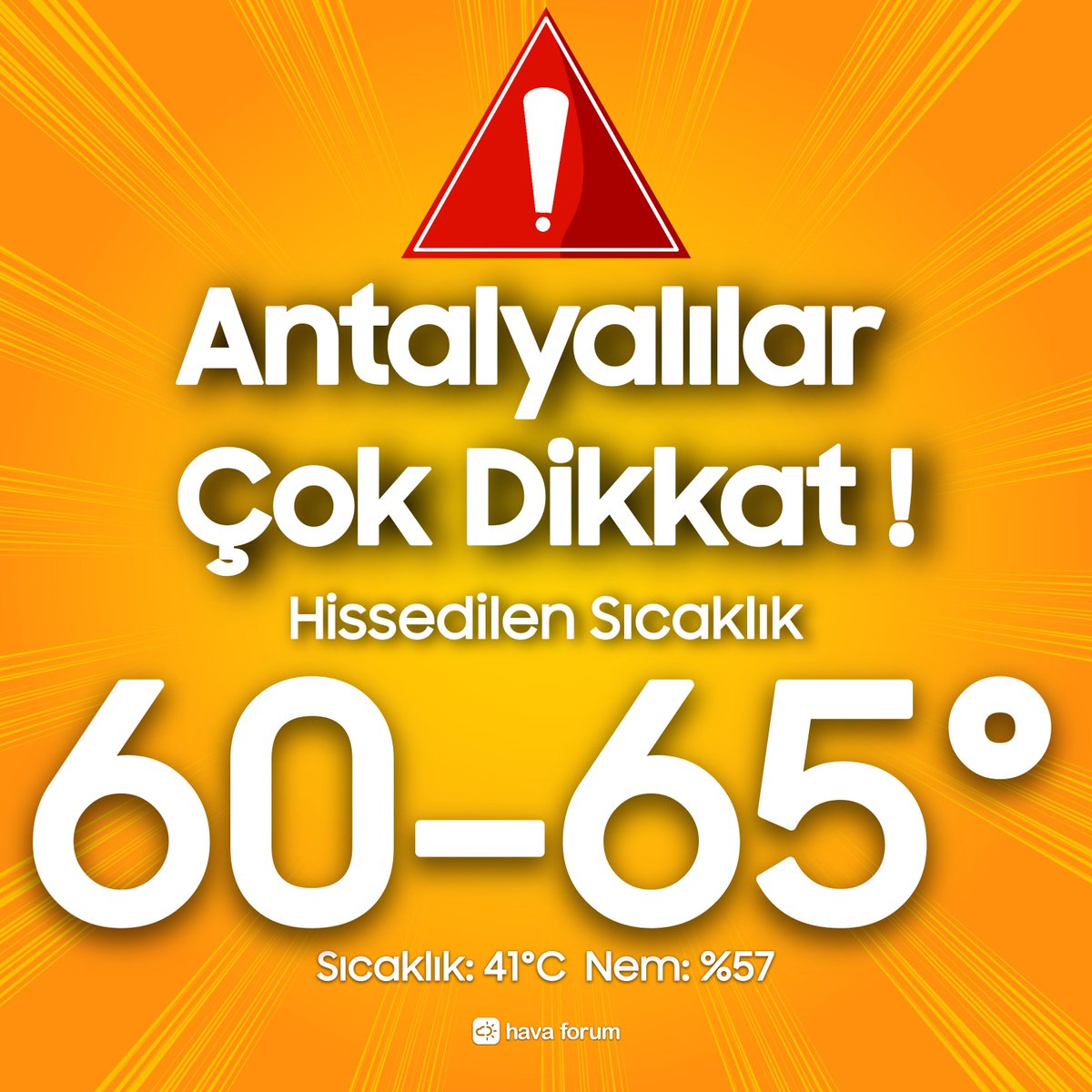 HavaForum's tweet photo. Antalya'da olanlar çok dikkat ! Çevremizi uyaralım. Pazar öğlen vakitlerinde lütfen dışarıya çıkmayın. Yüksek sıcaklık ve yüksek nemle birlikte hissedilen sıcaklıklar 60-65 derecelere çıkacak ! 😳👇🏻 https://t.co/feYWMmPrto