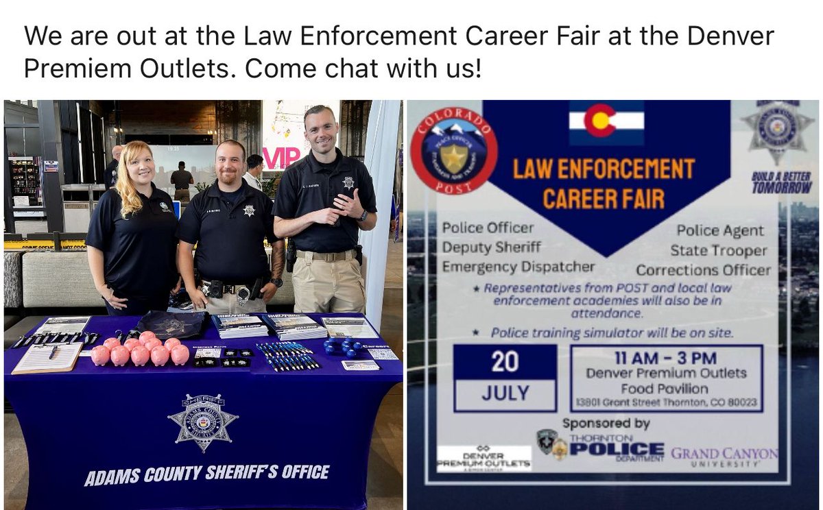 AdamsCoSheriff's tweet photo. #ACSO is at the Denver Premium Outlets for the Law Enforcement Career Fair from 11 a.m.- 3 p.m.
This event is open to everyone interested in making a difference.
#ACSO #ACSOProud #ACSOCareers #BetterTogether #CommunityPolicing https://t.co/OaKZ7wlr0E