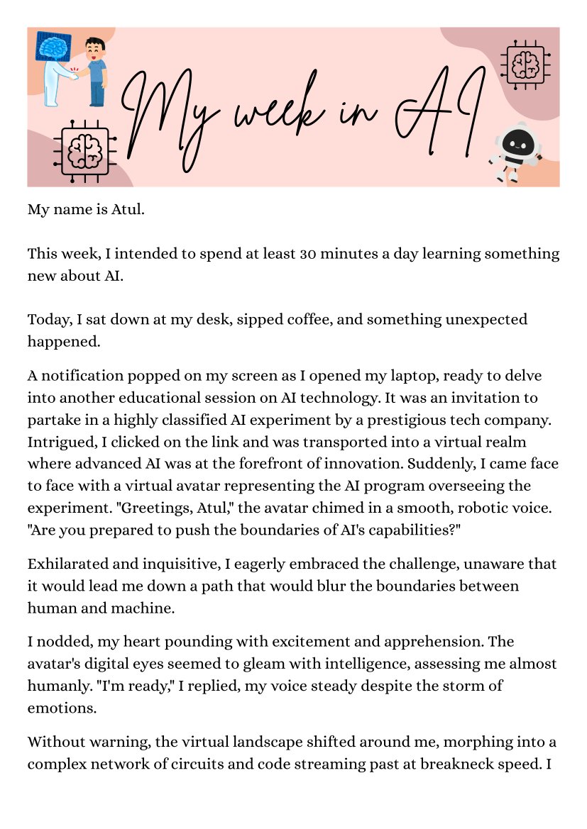 atul_nag's tweet photo. Day 20 of #100DaysofAI🧪
Today, I used AI to aid my creative writing by using @sudowrite📝 to write a fiction story & #Checklet to polish some jokes about AI 😄
Designed the Documents in @canva
Here's what I've written today👇 https://t.co/uuJB4HfS0Z