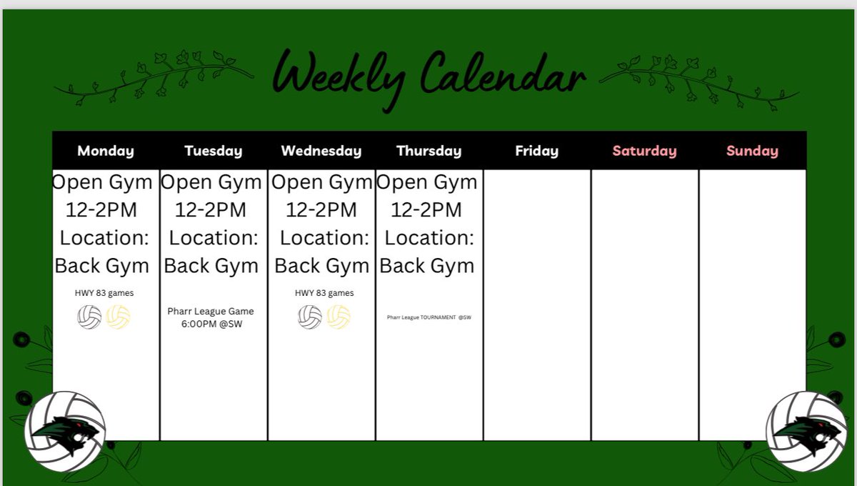 psja_memorialvb's tweet photo. July 22-July 25 volleyball weekly  schedule! We look forward to seeing our future and current lady wolverines at open gym 🏐💚 https://t.co/tNvolbl5Kw