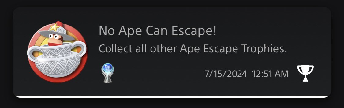 JoseOmatic's tweet photo. 🏆 Platinum #124 - Ape Escape (PS4) 

Another sneaky platinum where you if bought the game you get the PS5 and PS4 versions. Both can be played on the PS5 and both platinums were super fun and easy. Just beat the game basically https://t.co/yZHvpXkRhB