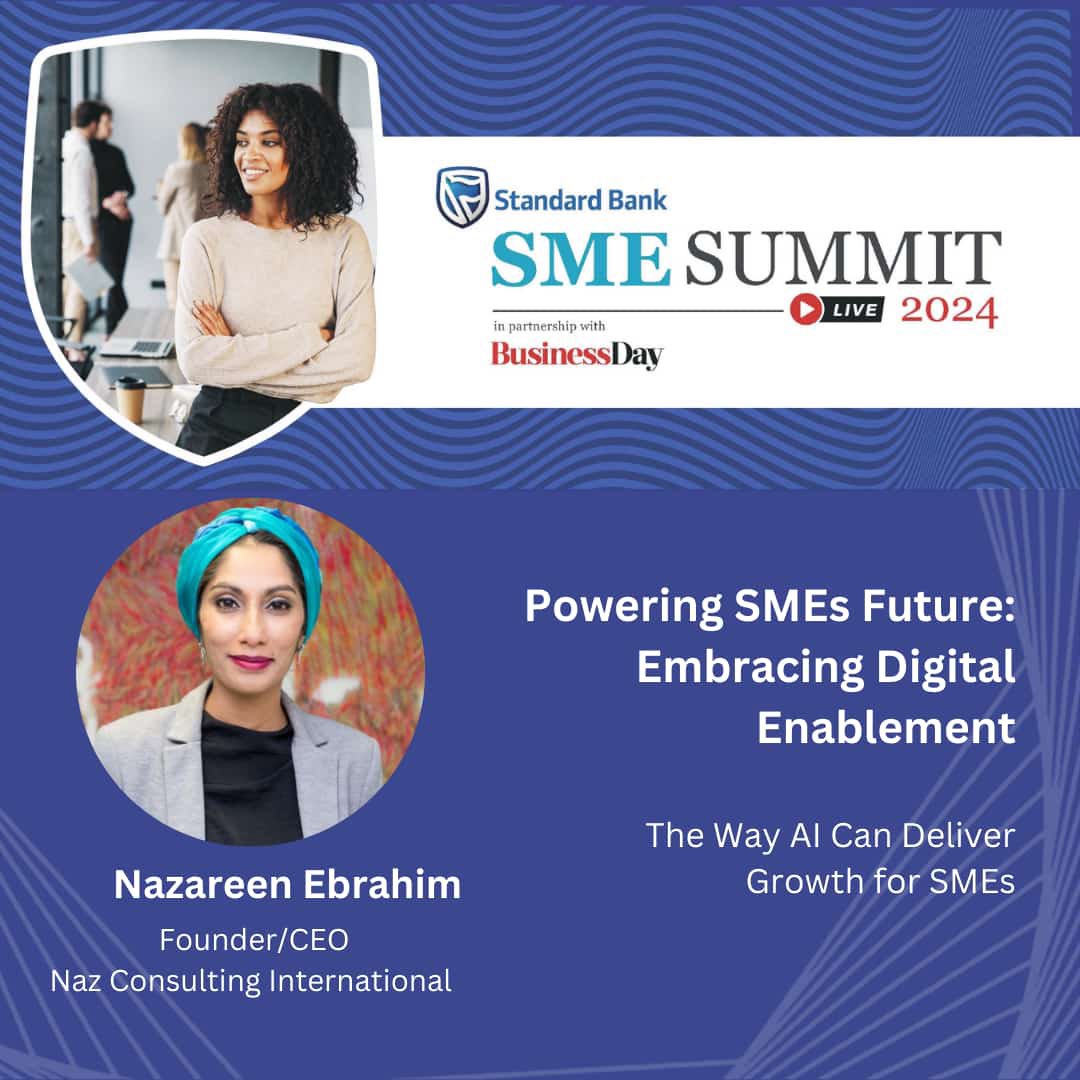 Mark Your Calendars! 
<a href="/NazareenE/">Nazareen Ebrahim 🇿🇦 🇵🇸</a> is speaking at the Standard Bank SME Summit 
Join the discussion on "The Way AI Can Deliver Growth for SMEs" on Tuesday, July 23rd, at Arena Events, Johannesburg.

Register Now: bit.ly/4bpOe9W

#StandardBankSMESummit