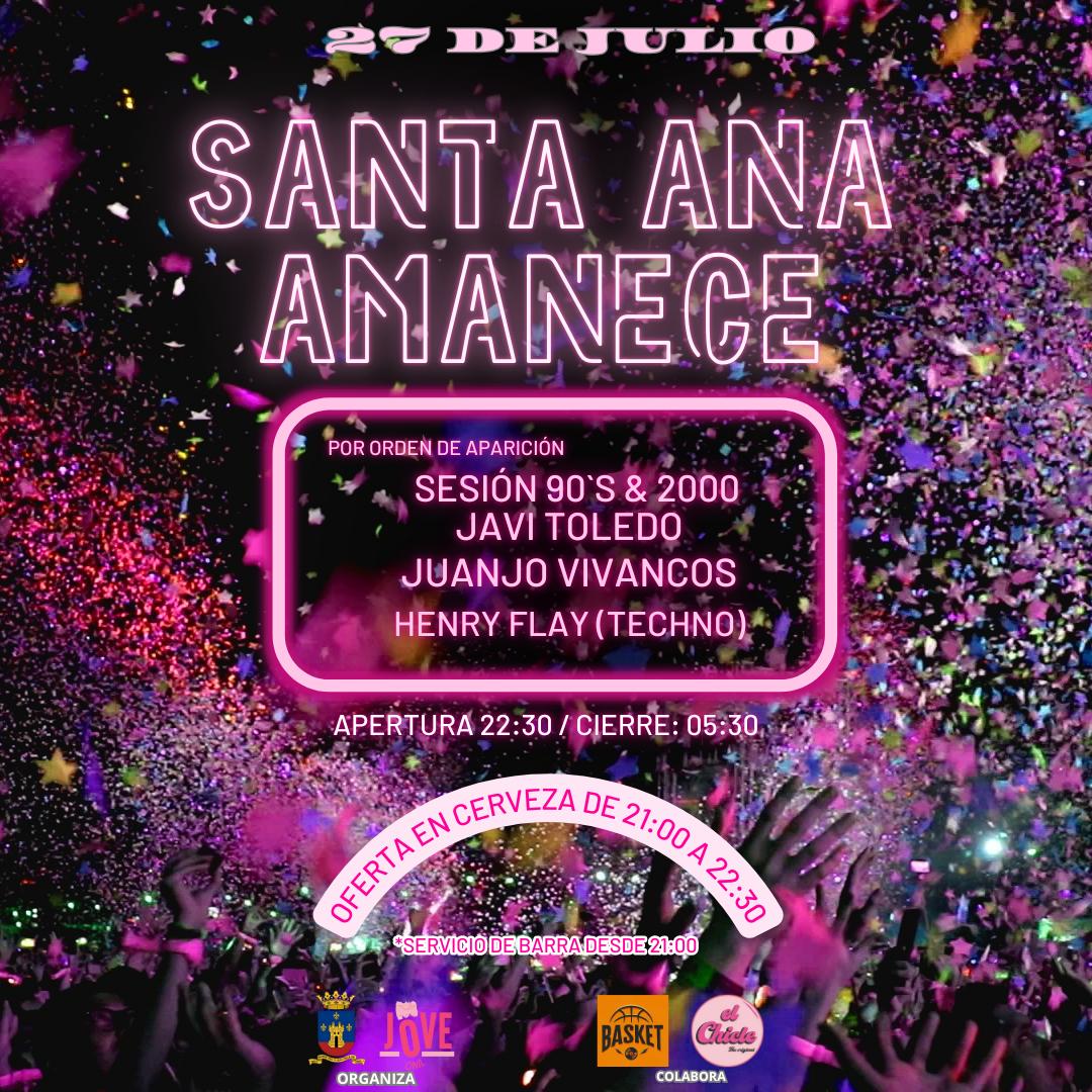 "Santa Ana Amanece" #Onil 2024, 27 de juliol. Des de les 22:30h a 05:30h, al paratge natural Ermita de Santa Anna. Dj's per ordre d'aparició: Sessió 90s&amp;2000, Javi Toledo, Juanjo Vivancos i Henry Flay (Techno). Organitza: <a href="/AytoOnil/">Ayuntamiento de Onil</a> <a href="/JoveOnil/">Onil Jove</a> Col.labora: Pubs Basket i El Chicle
