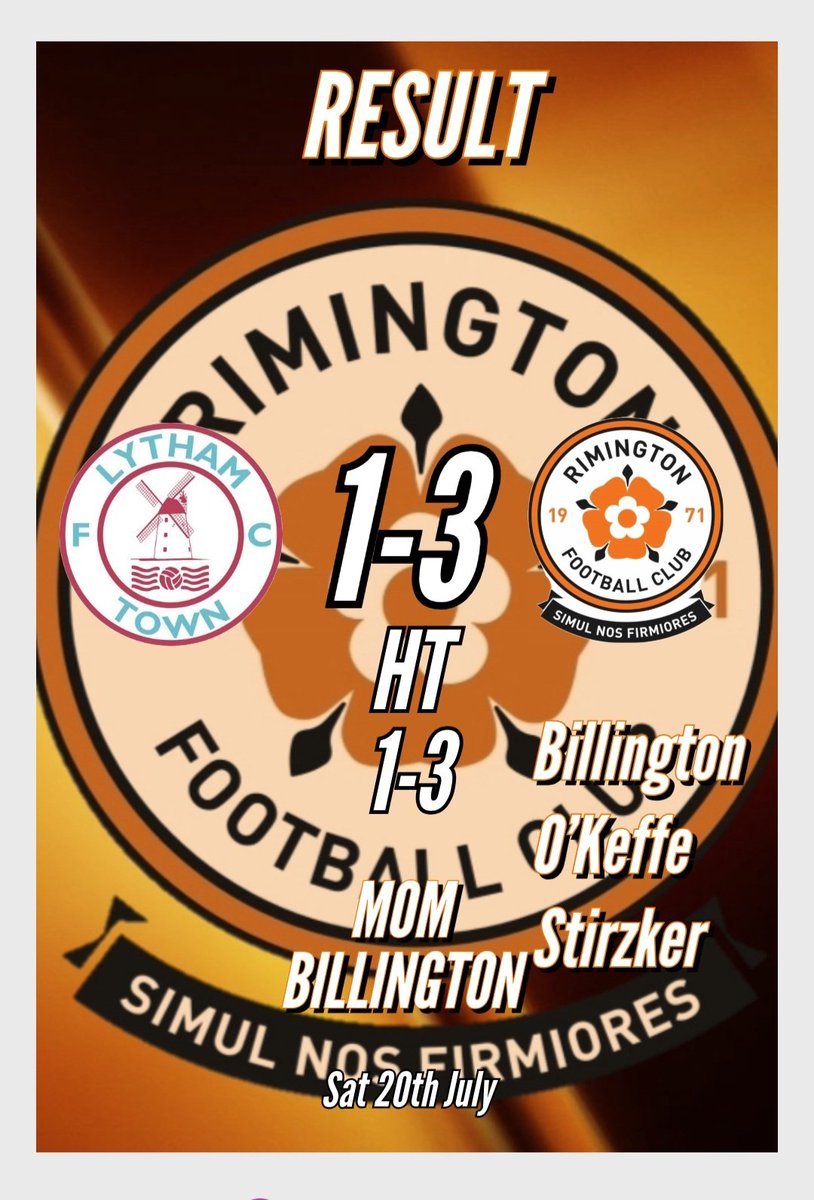 Rimyfc's tweet photo. Result

@LythamTownFC
1🆚️3 (HT 1-3)
@Rimyfc

Goals
Billington⚽️
O'Keffe ⚽️
Stirzker ⚽️

MOM 🥇
Billington 

🗣 Fantastic away day result for the first team, James Billington, putting in a colossal performance scoring and being awarded the MOM

#StrongerTogether 🧡 https://t.co/UyRpAdxXJF