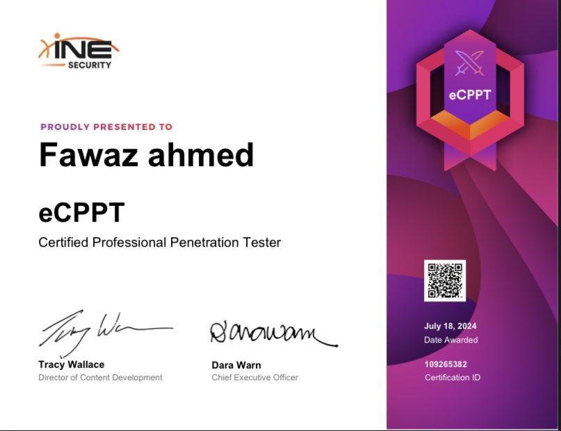 Fxmmf's tweet image. الحمد لله 

اجتزت اختبار #eCPPTv3 
وحصلت على الشهادة ⭐️

Happy to announce that I finally passed #eCPPT v3 and got certified 
Thank you @ine for the amazing course