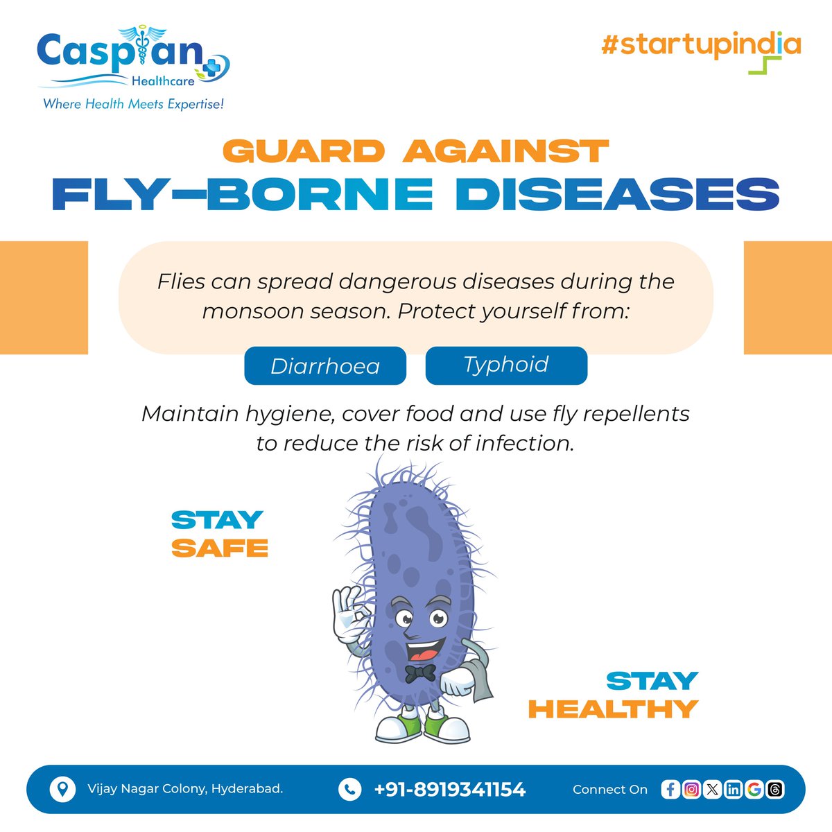 Don’t let flies ruin your health, this monsoon. Practice good hygiene and take preventive measures to stay safe!

Protect your health this monsoon with expert care. Consult our specialists at #CaspianHealthcare.

☎️ For appointments, call +91-8919341154 today!

#MonsoonHealth