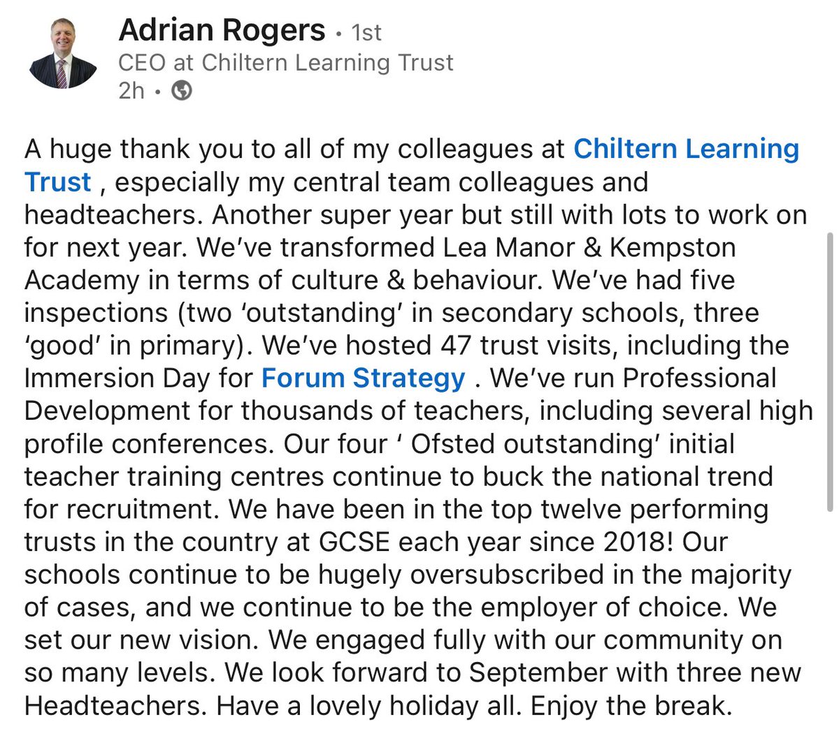 Read this post by our CEO <a href="/AJRAllModCons/">Adrian Rogers</a>. It made me reflect on the positive impact everyone in <a href="/ChilternLT/">Chiltern Learning Trust</a> <a href="/ChilternTSH/">Chiltern Teaching School</a> <a href="/CTGtraining/">Chiltern Training Group (CTG)</a> &amp; all our schools, have on the lives of thousands of young people across the region. It’s very easy when tired &amp; drained to lose perspective. 👏🏽👏🏽