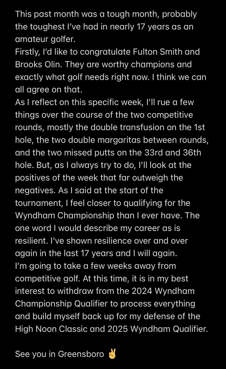 Jeff__kirk's tweet image. Please respect my decision at this time. No further comments. 

#WyndhamChampionship #BUILDINGsomething #gettingBETTER