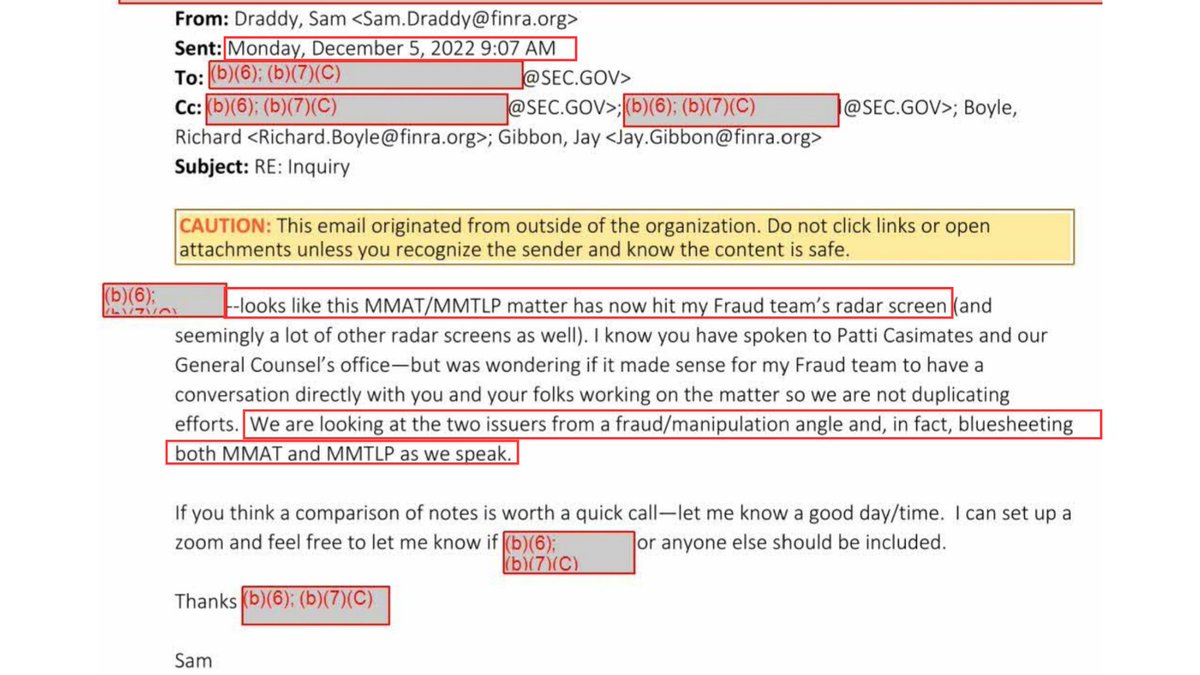 RareDealsHere's tweet photo. The @SECGov used CAT data to investigate and file charges against retail investors that allegedly pumped & dumped multiple securities including $TRCH (the predecessor of MMAT & MMTLP).

@FINRA has investigated the "issuers" of $MMTLP & $MMAT via blue sheet data for fraud/manipulation.

The SEC case against the retail investors has been dismissed.

The FINRA investigation hasn't resulted in any charges. 

Doesn't this give the impression that there might've been some type of fraud/manipulation involving these tickers, but since the evidence (CAT DATA & Blue Sheets) doesn't support pinning the crimes on who the regulators are targeting, they're choosing to ignore the evidence altogether?

Isn't it odd that FINRA suspected the issuer of MMTLP of fraud/manipulation, formally began an investigation that included consulting with the SEC, but they were somehow able to post the first MMTLP Corporate Action the very next day?

Based on FINRA's Rule 6490, FINRA being aware of a fraud/manipulation investigation, let alone initiating one themselves was reason enough to deem the MMTLP Corporate Action submission deficient.

But there were at least two other reasons that the submission could've been deemed deficient. 

1. The pending/ongoing SEC investigation into the TRCH/MMAT reverse merger.

2. The issue related to settlement and clearance that FINRA allegedly ignored until right before the December 9th trading day. (Rule 6490 instructs FINRA to ensure these issues are addressed BEFORE posting a Corporate Action to the Daily List.)

A proper investigation will likely reveal that FINRA knew that the MMTLP Corporate Action submission should've been deemed deficient and/or FINRA hijacked the process in order to create a reason to deem the submission deficient AFTER posting it to their Daily List... twice!

If protecting MMTLP short sellers was the goal, deeming the submission deficient would've been a temporary solution.

By ignoring the investigations, modifying the wording of the Corporate Actions, and pretending to find an issue at the last minute...

FINRA used this as justification to U3 halt trading long enough to DELETE the TRADING SYMBOL, making it impossible for settlement to take place.

Several lawsuits and 19+ months later, FINRA continues to fight to keep the trading data hidden. 

@DOJCrimDiv @TheJusticeDept
@FBI @FBIWFO @FBILosAngeles @The_DTCC @SecretService @RepRalphNorman @MikeCrapo @denniskneale #MMTLPsetaDATE