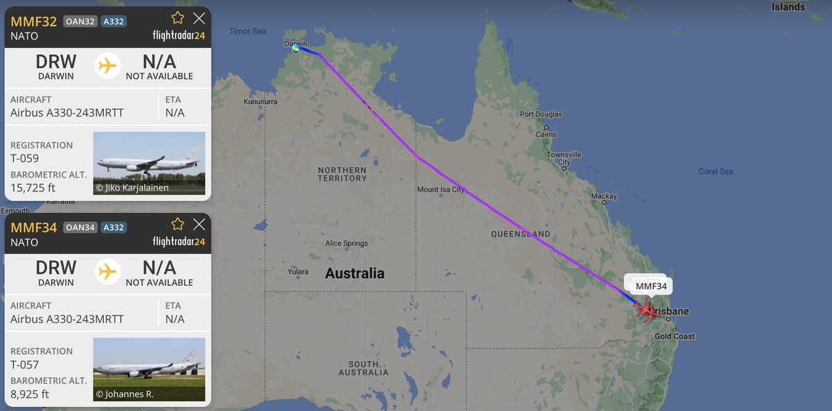 alternativewip's tweet photo. #NATO 2x A330 MRTT's seen on the flight radar having departed from RAAF darwin air base australia, currently coming in for approach and landing at RAAF amberley. #MMF32 #MMF34 https://t.co/tZAtLM7LPZ