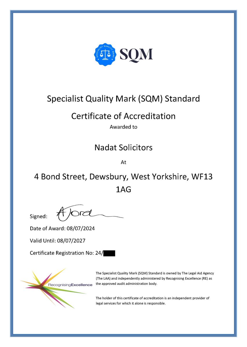 NadatSolicitors's tweet photo. We are pleased to announce that Nadat Solicitors has successfully achieved the Specialist Quality
Mark (SQM) re-accreditation from Recognising Excellence, reaffirming our commitment to
excellence and continuous improvement in the provision of legal services. https://t.co/B997QH74c7