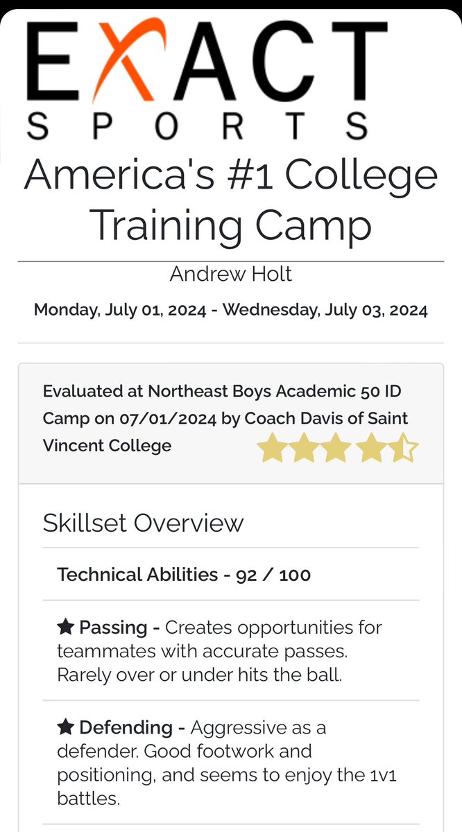 AndrewHolt2026's tweet photo. Check out my evaluation from @EXACTSports Northeast Boys Academic 50 ID Camp earlier this summer. I’m using this feedback to improve for the next season! Thanks again Coach Davis! 

https://t.co/DPxMJSHxde https://t.co/zLlSE9mhRI