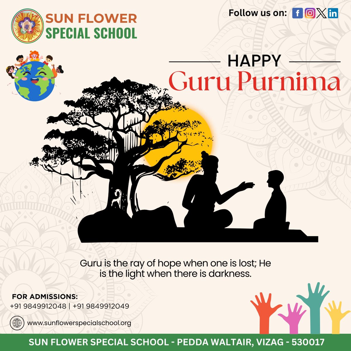 SpecialSchool55's tweet photo. Guru is the creator, Guru is the preserver, Guru is the destroyer. Guru is directly the supreme spirit. Happy Guru Purnima.

Call us:9849912048

#SunFlowerSpecialSchool #Gurupurnima #SpecialEducation #AutismTherapy #SpeechTherapy #OccupationalTherapy #BehavioralTherapy https://t.co/b425Lu4Shu