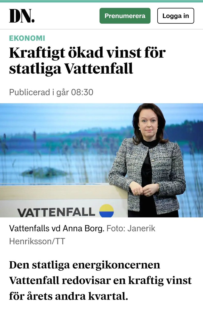 AlfvonDuring2's tweet photo. Vattenfalls vinst i år;
11,8 miljarder.
Våra pengar @SwedishPM 
Ihop med bankernas &amp; försäkringsbolagens rekordvinster så hämmar det tillväxt &amp; arbetstillfällen.
Vad gör ni åt saken?
Höjer elskatten!!
@BuschEbba https://t.co/MbOjl7aixP