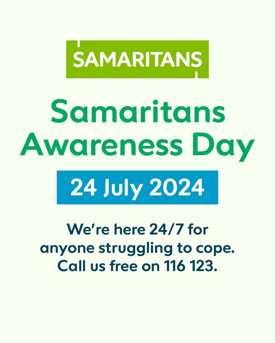 📅 Today’s date is 24/7 which means it’s #SamaritansAwarenessDay 💚

We’re here if you need to talk, 24 hours a day, 7 days a week.