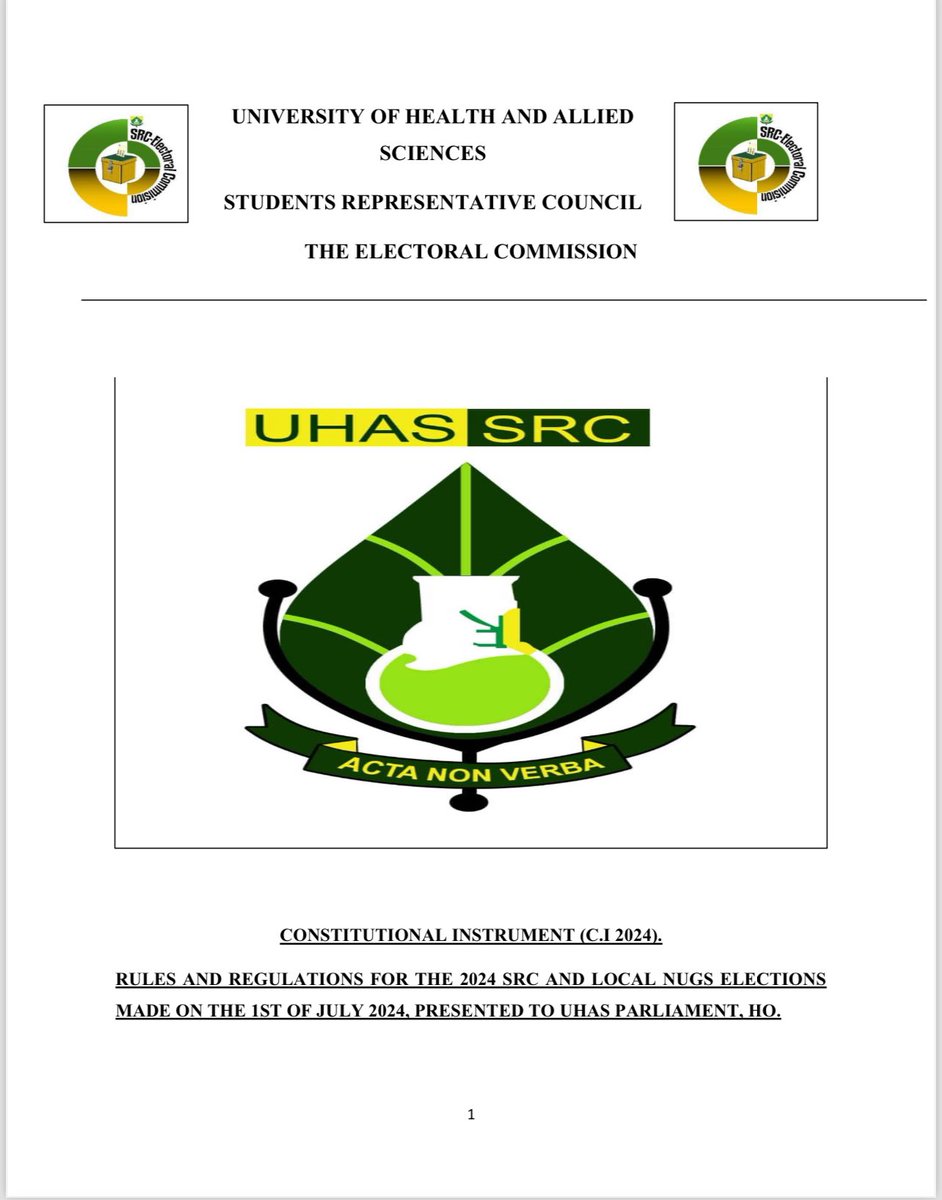 UHASSRC_EC's tweet photo. Attention UHAS Students:

This is the Constitutional Instrument for the 2024 SRC/LNUGS elections has been released. 
All students are encouraged to review this CI to understand the election process, candidate eligibility, and voting procedures.
---
UHAS SRC EC https://t.co/yoPUVfXInS