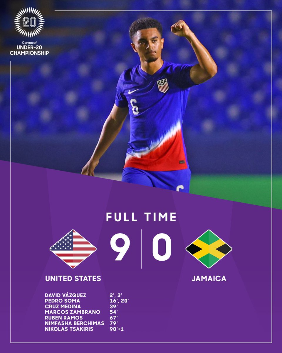 Facu_of's tweet photo. El USMNT U-20 🇺🇸 abrió su participación en el #U20C aplastando 9-0 a Jamaica 🇯🇲.
• David Vázquez marcó y asistió por duplicado
• Doblete de Pedro Soma
• G+A de Nimfasha Berchimas y Marcos Zambrano
• Zavier Gozo dio 2 asistencias
• Ruben Ramos Jr y Niko Tsakiris anotaron
🔥 https://t.co/bwl5CIzlQF