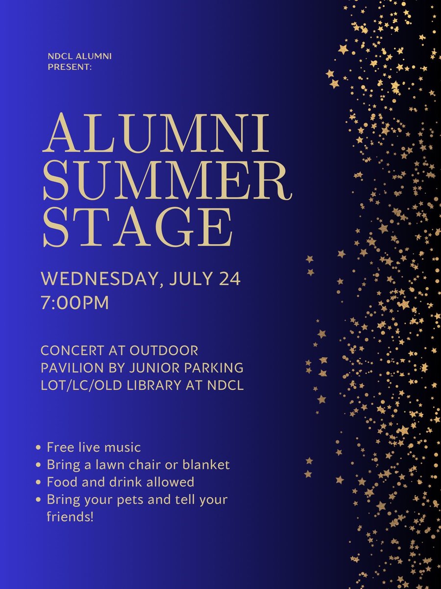 NDCL Presents the Alumni Summer Stage Band!

Come check out a FREE CONCERT full of NDCL Alumni!! The concert is Wednesday July 24 at 7:00pm under the pavilion. 

Bring a lawn chair and your friends!

#NDCL #Lions #WeAreNDCL #Alumni